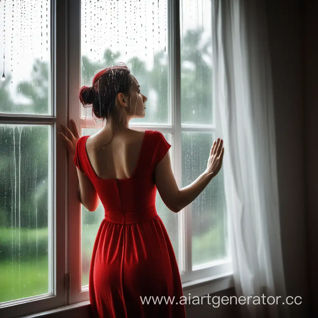 Contrasting-Weather-Views-Woman-in-Red-Dress-Gazes-Out-Rainy-Window-to-Sunny-Exterior