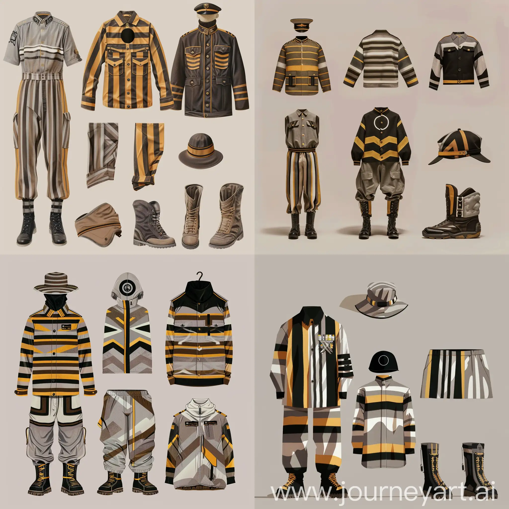 1. The military shirt and trousers: A striped shirt and trousers with colors inspired by the mountains, the main color of the pattern could be gray with brown and white lines representing the nature of the mountains.

2. The military jacket: A striped jacket in black and yellow, the design may feature horizontal lines that embody strength and sharpness, with military details highlighting the character of the uniform.

3. The military hat: A striped military hat with a black circle in the center symbolizing unity and discipline, it may also bear a badge or military insignia to enhance its distinction.

4. The military boots: Large military boots with a strong and practical design, reflecting the strength and toughness of the military uniform in general.