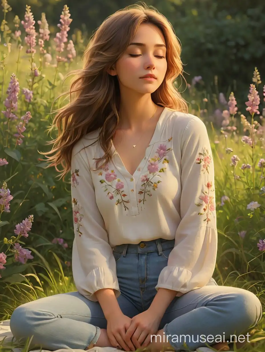 an illustration of a young woman in her 20's sitting cross legged on a bed of grass eyes closed gently as she embraces the warmth of the gentle morning sun, she wears bell bottom jeans and a white tunic long sleeve top with delicate flower embroidery, wildflowers popping with muted pinks, lilacs, yellows, beiges,