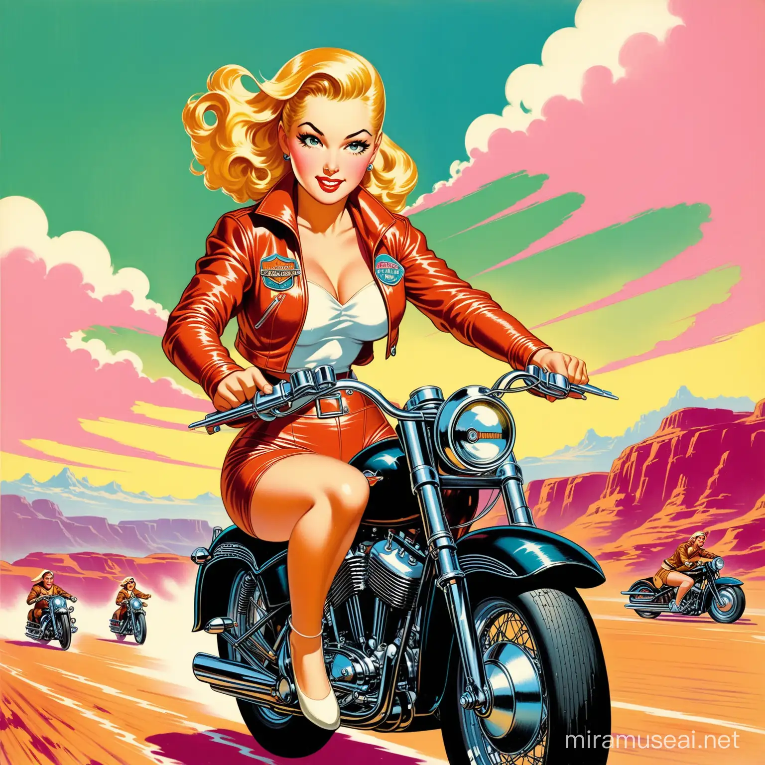 real face Madonna Ciccone wear lether jacket driving harley davison motorcycle dramatic style of 1950s & 1960s vintage also modern  sci-fi illustrations, Paint them in the stereoscopic， future style, colorful style of Gil Elvgren and other colorful pin up sci-fi artists of the 1950s,