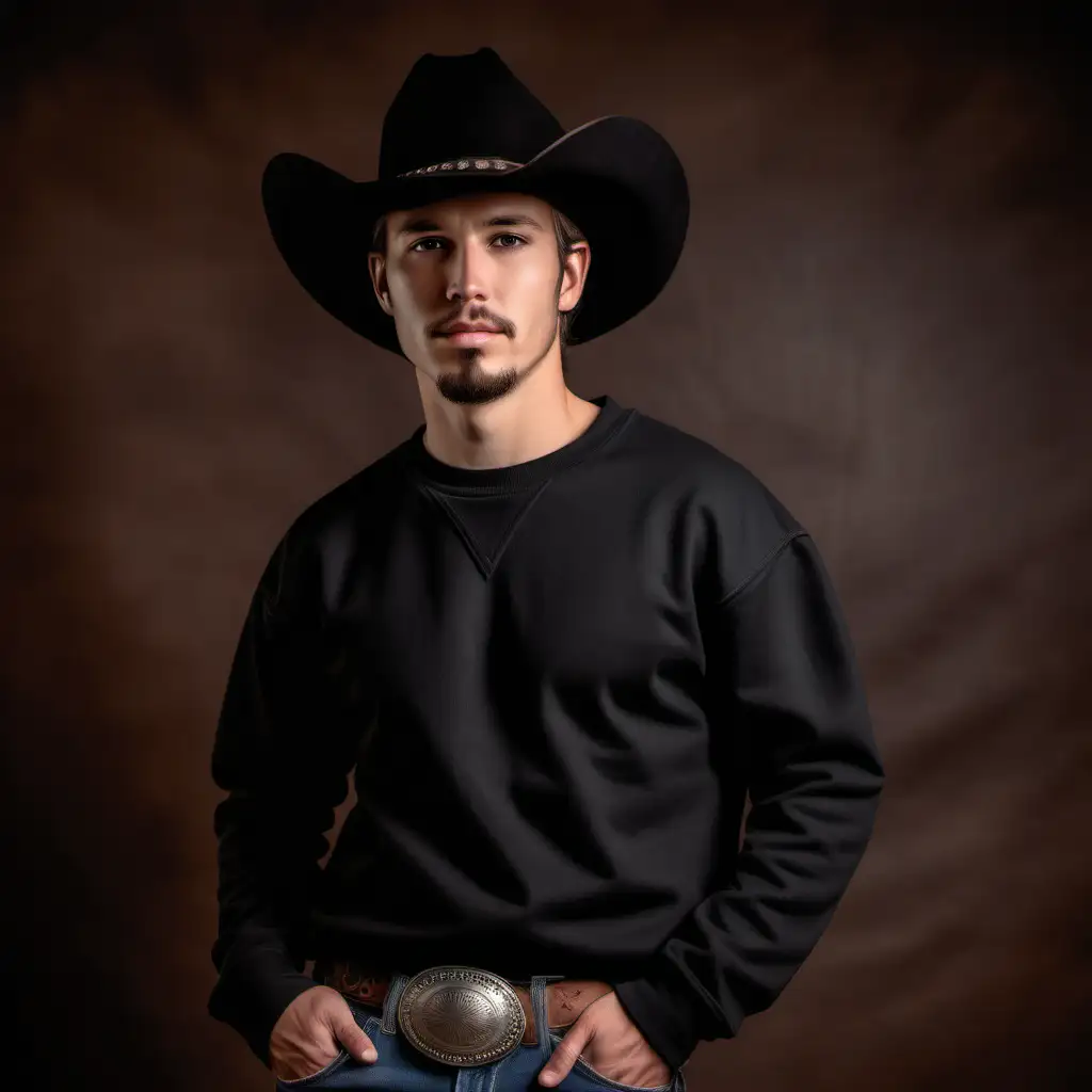 western style, cowboy travis kelsey wearing a plain BLACK ,Gildan 18000 sweatshirt, and jeans mockup, brown leather cowboy hat, country aesthetic --s 50 backgroud country