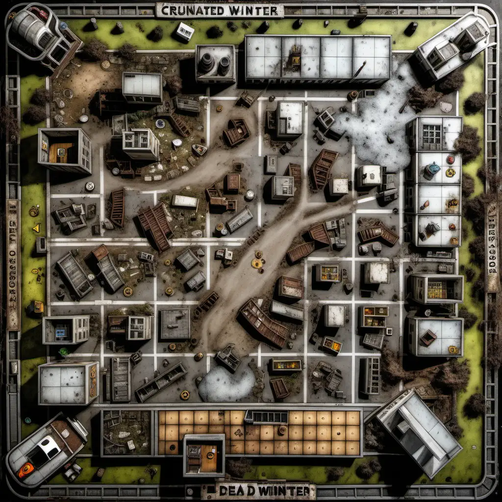 post apocalyptic town board game board, top view, representing a rural, post-apocalyptic town, "dead of winter" style, with remnants of buildings and infrastructure, such as crumbling buildings, deteriorated roads and sidewalks, debris, collapsed buildings, an abandoned gas station, overall impression should be one of a town that has been abandoned for a long time, and is slowly being reclaimed by nature.