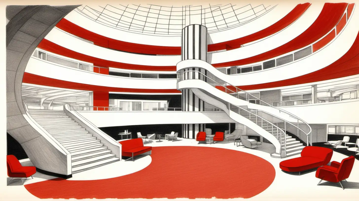 round interior atrium, 1960s, TWA airport lounge, staircase, red carpet, le corbusier pencil sketch style