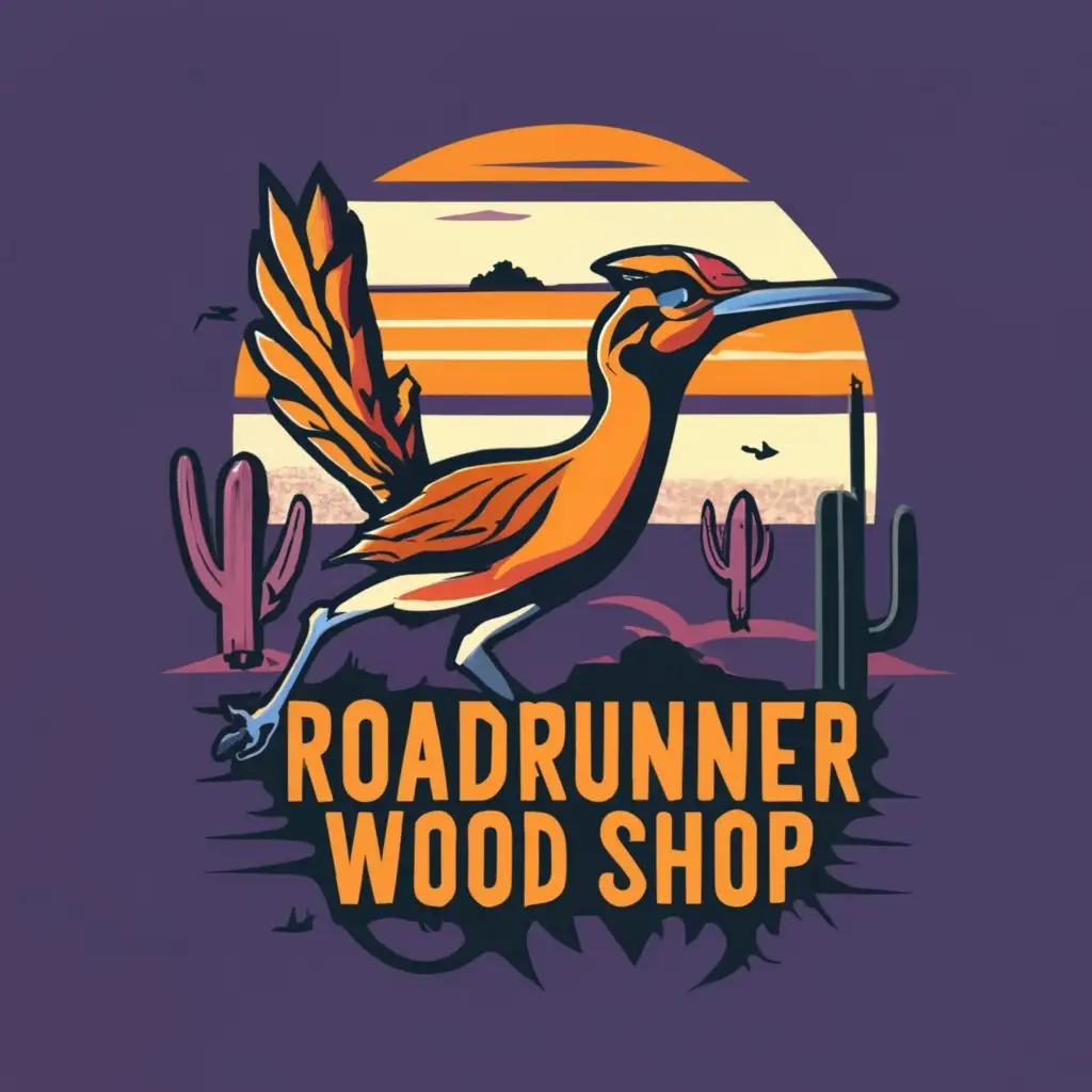 logo, realistic running Roadrunner, Arizona Desert, Laser Machine, Orange, Purple, with the text "Roadrunner Wood Shop", typography, be used in Woodworking industry