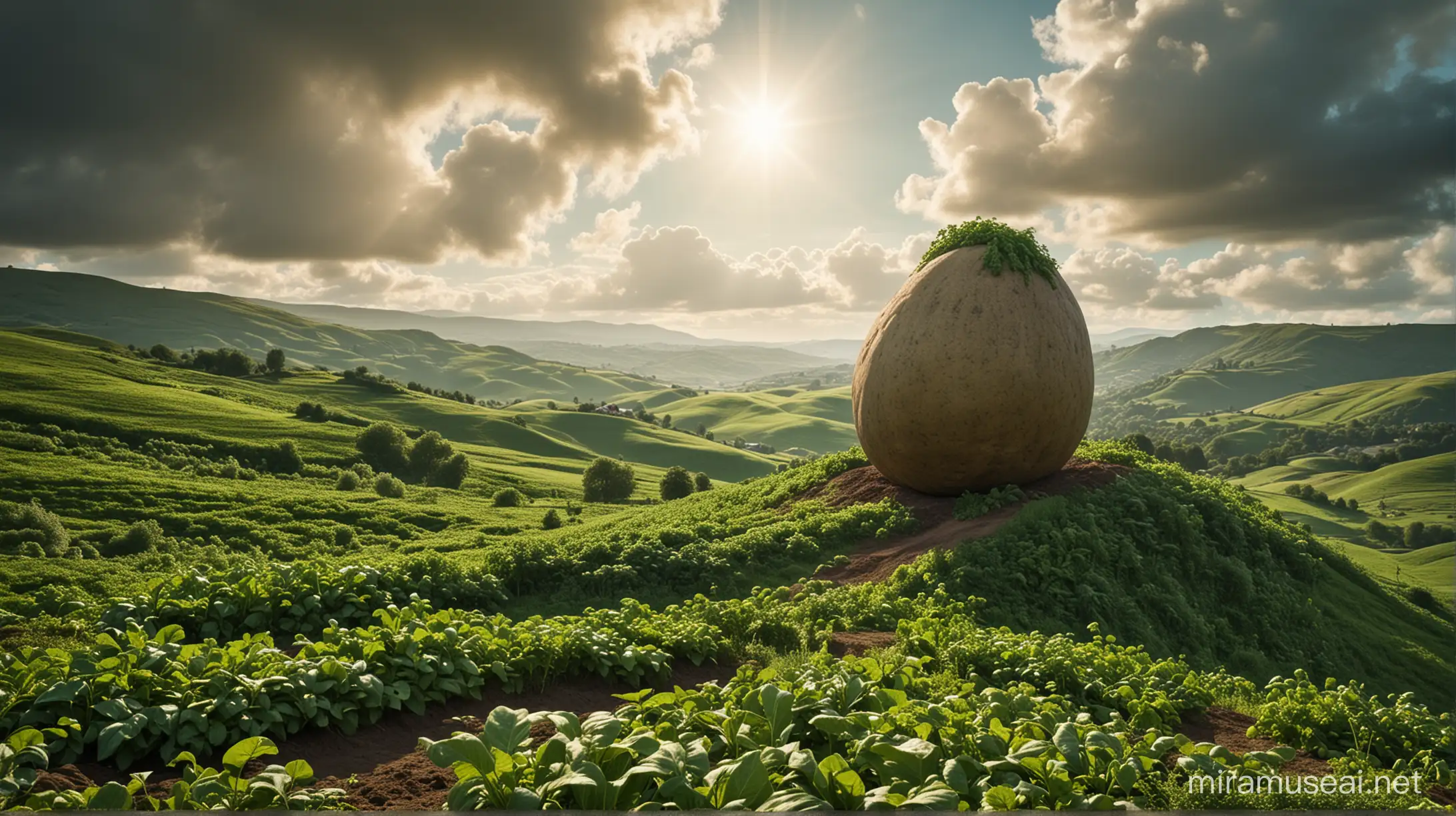 lush green hills with a large potato in the sky, no sun