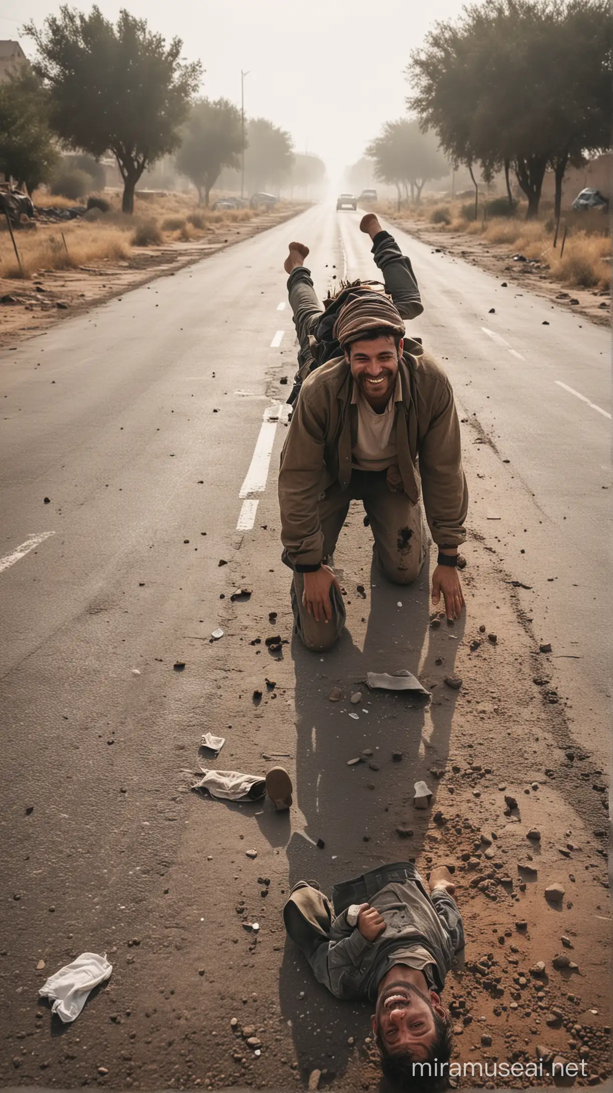 Man Standing Upside Down on Road Dusty Clothes but Smiling