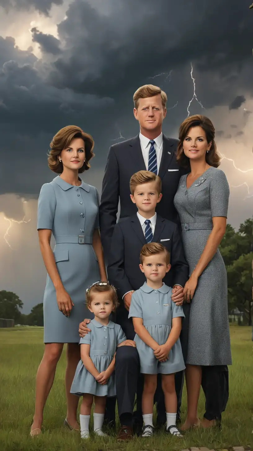 Show: Kennedy family portrait , 
Background: ultra Realistic  with thunderstorm background