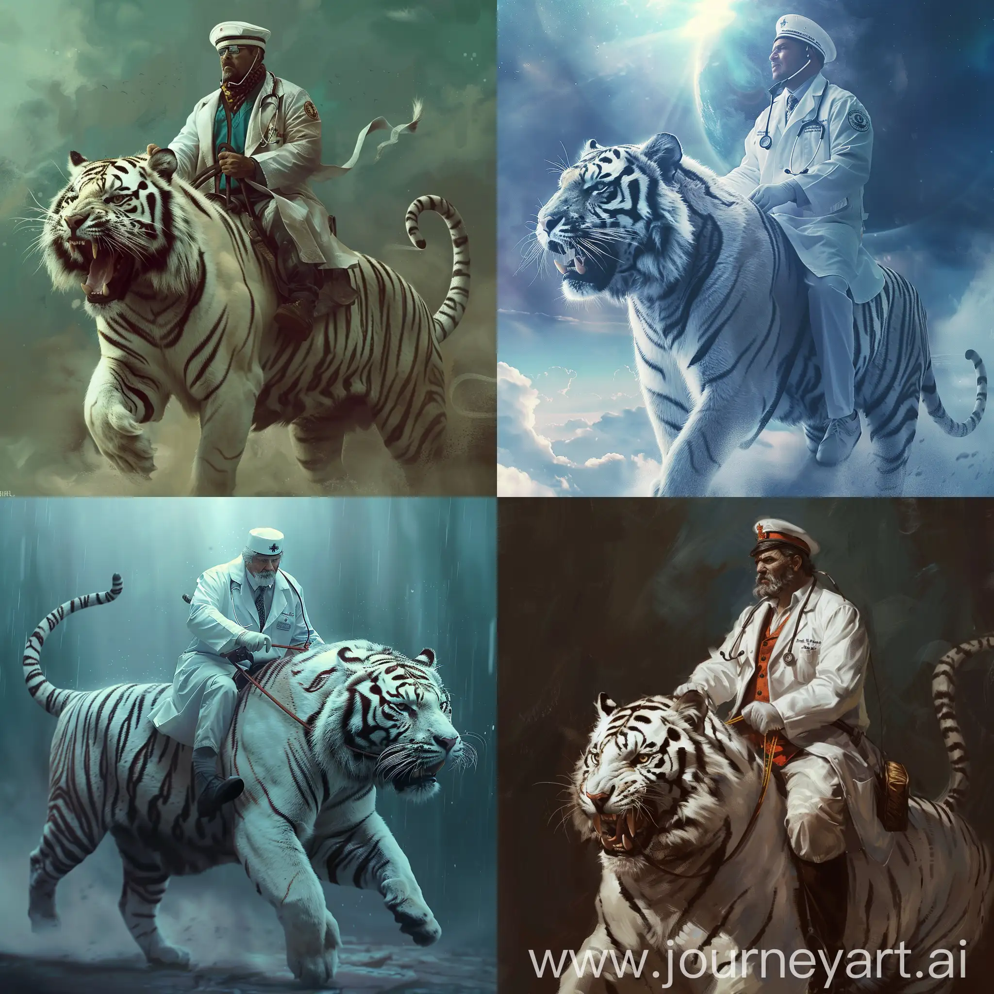 The doctor is riding a white tiger