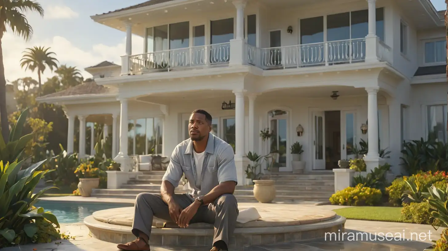 create an image of a very rich  African -American  man  living in Beverly Hills  California sitting on his ocean front glass patio his foyer  anger, sad, and stressed and crying because he has lost everything  and is now bankrupt. A house for sale sign is in the front yard that you can see from the patio because the house is made of glass.
 illumination, Disney- Pixar style illustration 3-D Animation, 4k