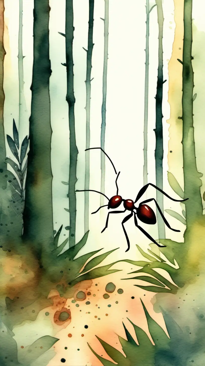 Enchanting Watercolor Ants Amidst the Serenity of the Forest
