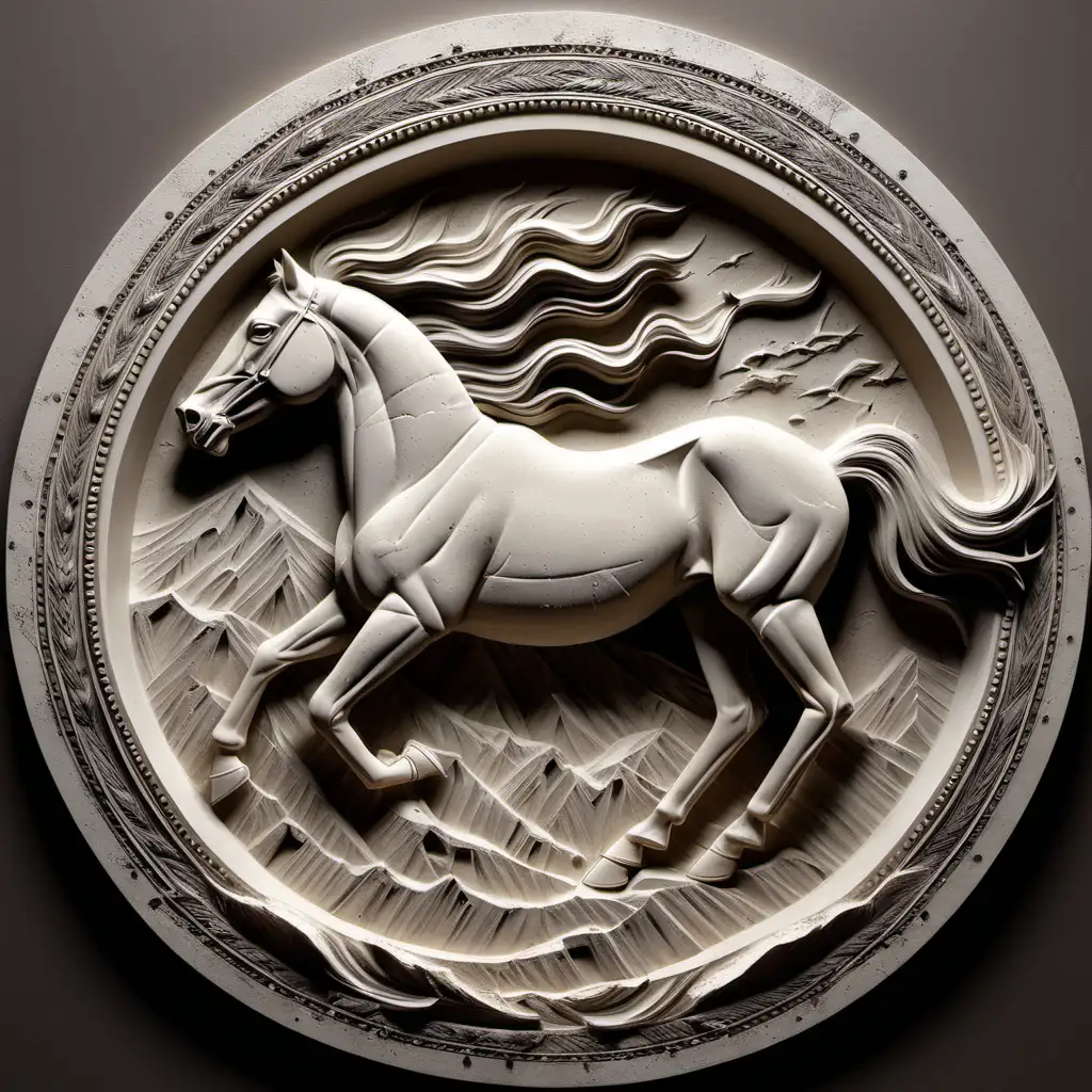 Circular Bas Relief Sculpture of a Mustang
