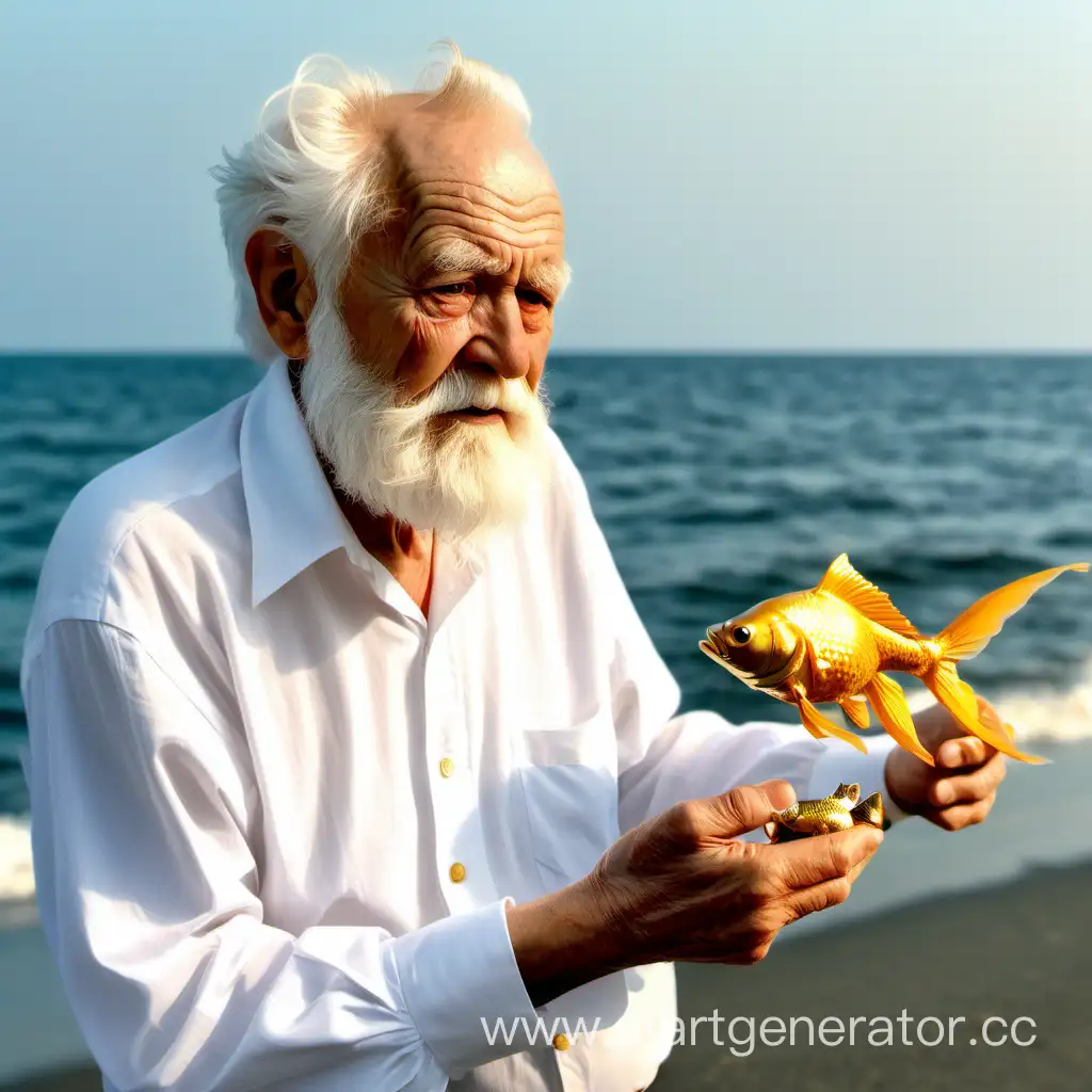 Бедный старик в белой рубашке с белой бородой держит в руках золотую рыбку и смотрит на нее, золотая рыбка тоже смотрит на старика, на фоне изображения пустое море, дневное время суток