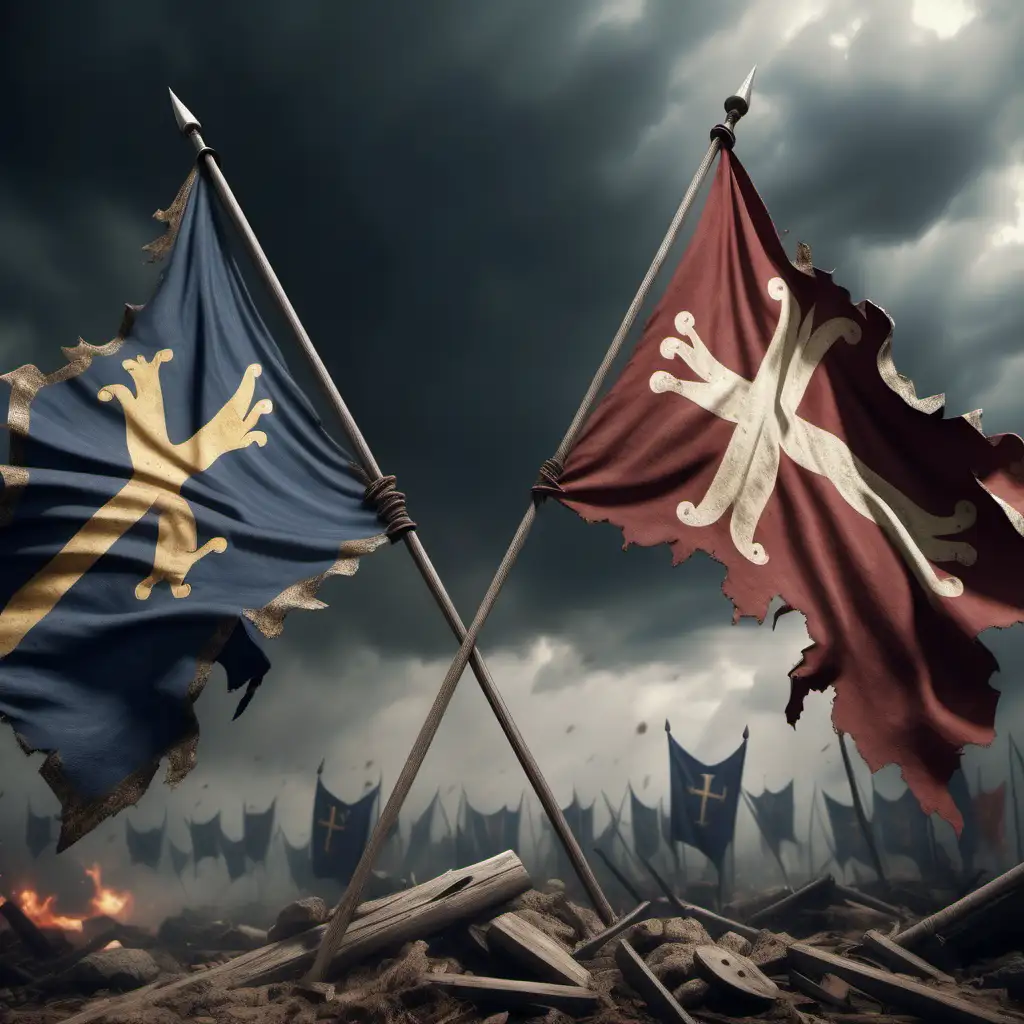 dos banderas medievales en batalla, rasgadas, encontradas en combate