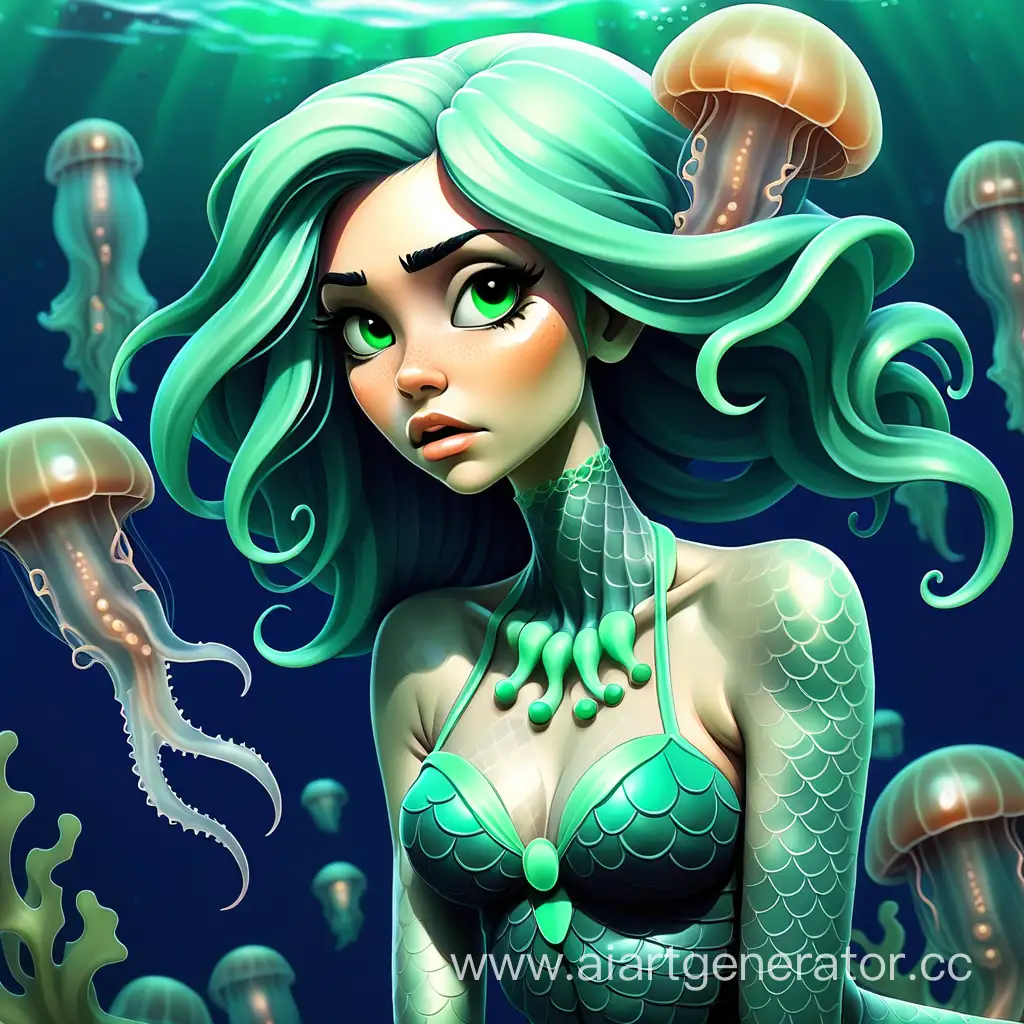 русалка с зелеными волосами под водой  с медузами
