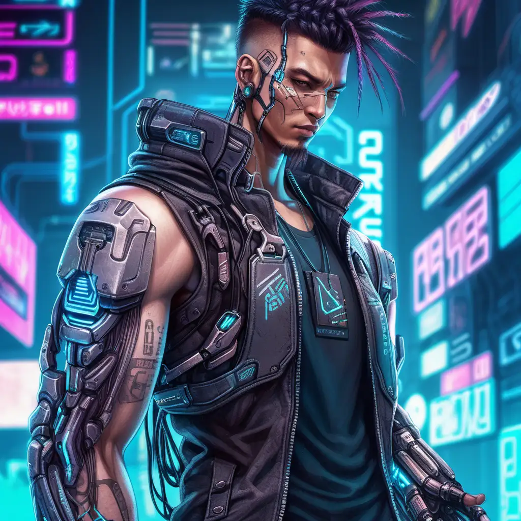 Cyberpunk Male with Cybernetic Arms in Futuristic Cityscape