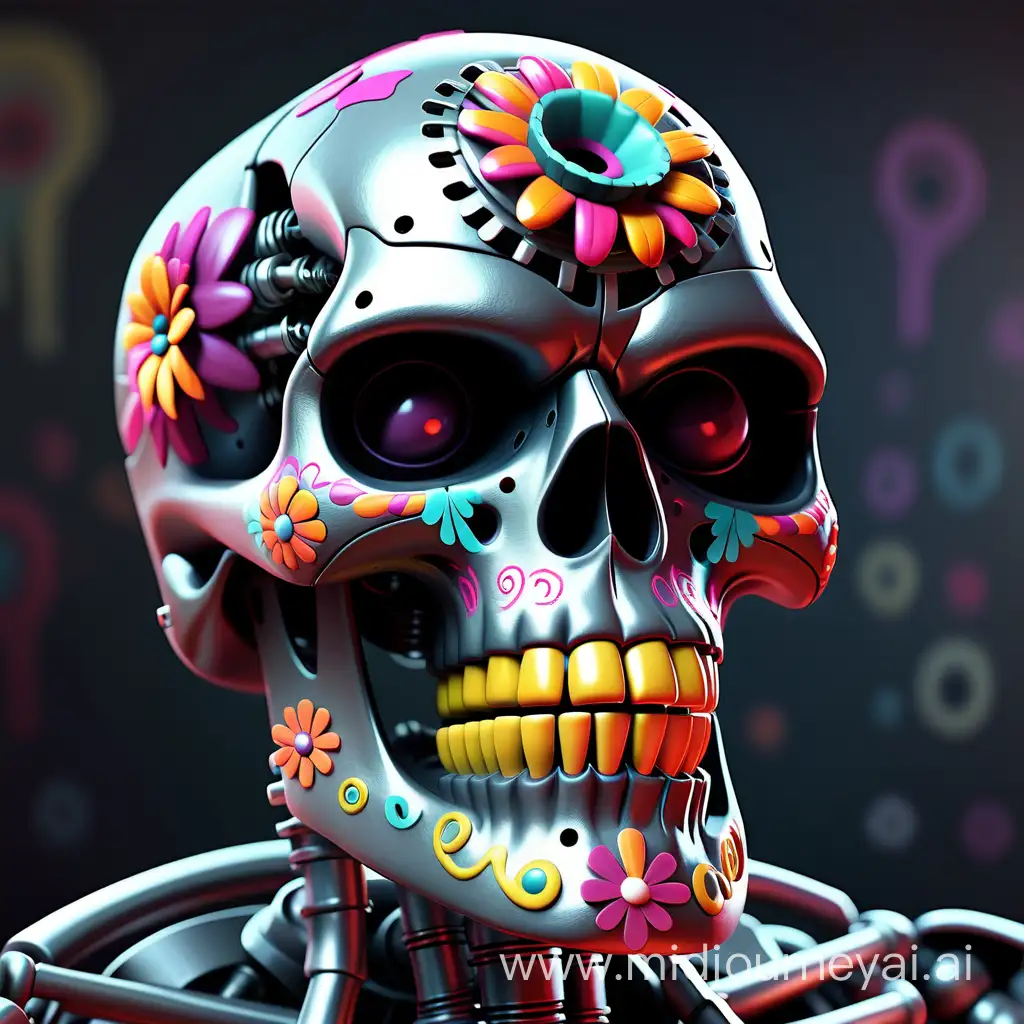 create a cyborg terminator that looks like the mexican day of the dead skull. have its mouth open and streams of colours coming out of it