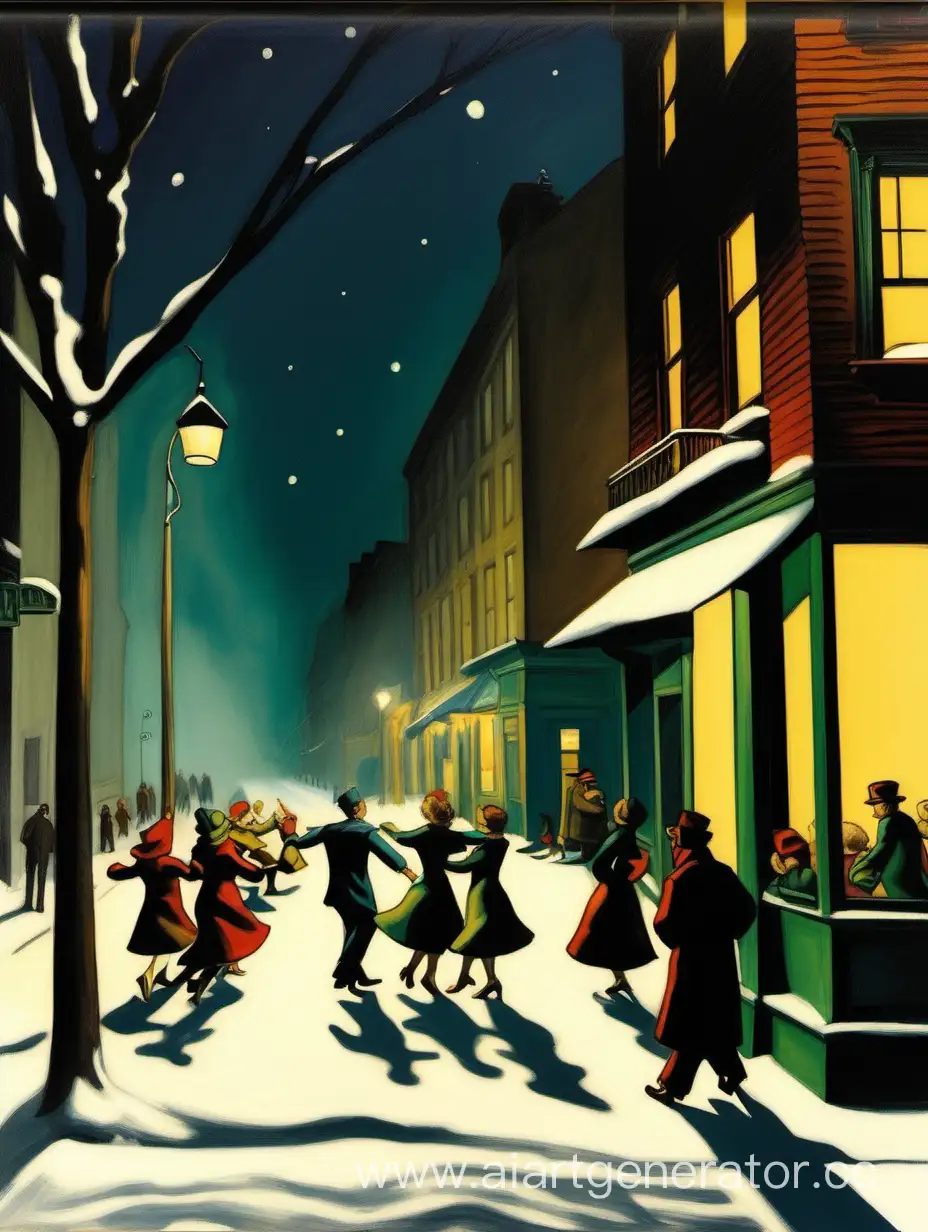 christmas tree, street, 7 dancing people outline in windows, edward hopper, light, bright, art