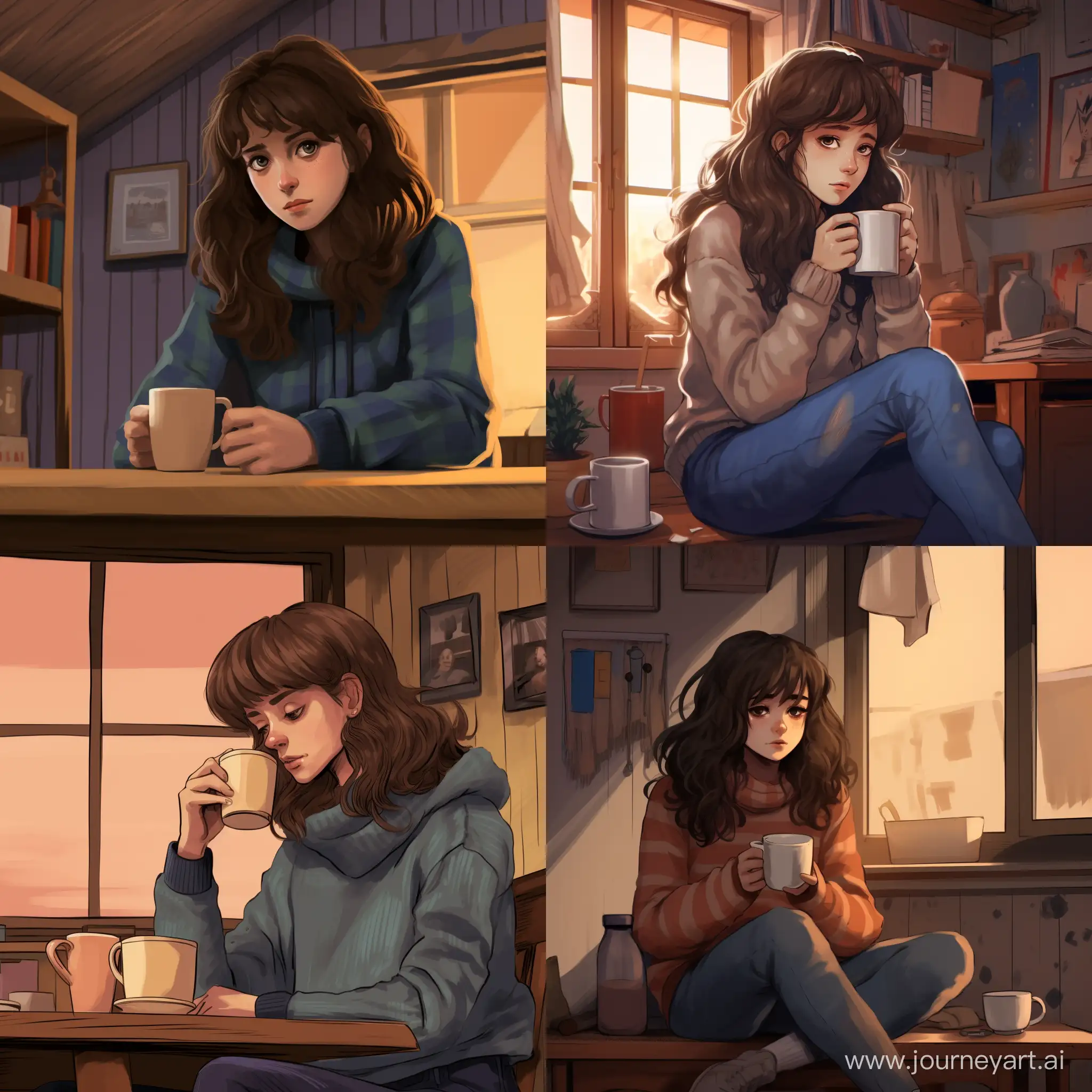 A middle-aged teenage girl with medium-length hair and one blue curl on her bangs, in warm tights, in a sweater, over which she was wearing a tight-fitting jacket, sits on a chair with her hands bandaged to the elbow, in a wooden house, next to her is a chair on which there is a mug of tea, a teapot, a sugar bowl, a basket with sweets and cookies, it's a winter night outside the window