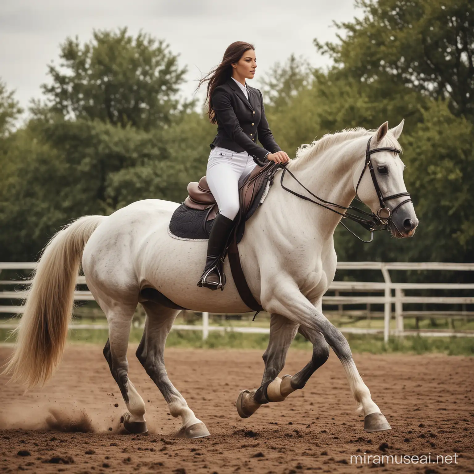 beautiful brunette horse rider riding an elegant horse