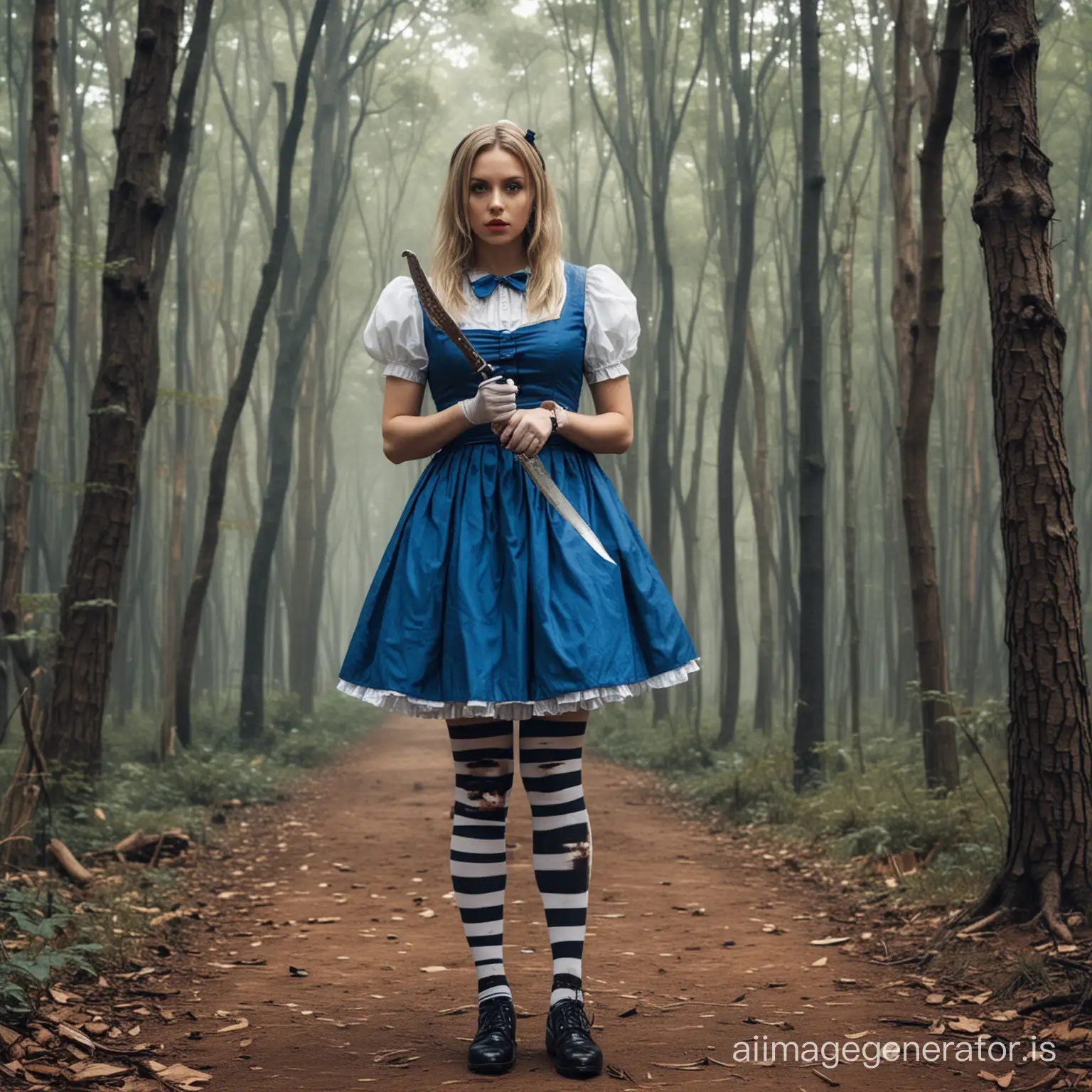 Madness-Returns-Tanned-Alice-in-Wonderland-with-Striped-Stockings-and-Knife-in-Bright-Forest