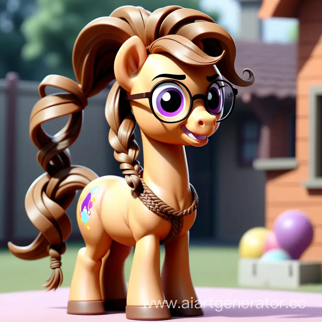 пони из мультика "мой маленький пони", в коричневых цветах и с косичками, носит очки 