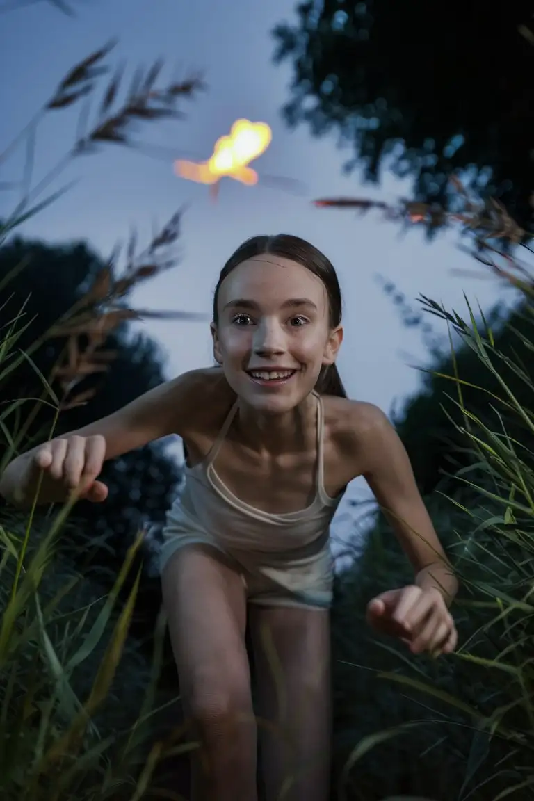 A skinny 20-year-old girl, an image of a skinny girl playfully chasing after a glowing firefly, view from a low angle,