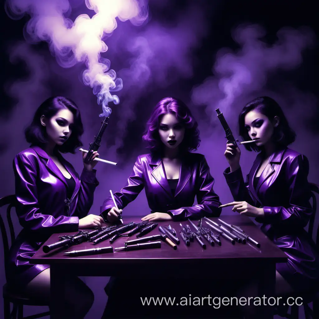 Нарисуй картину в тёмно-фиолетовыых тонах с приятной стилистикой по середине сиди девушка и передней стол с красивым оружием а по бокам ее клоны. Добавь густой туман и сигарету в руку девушки 
