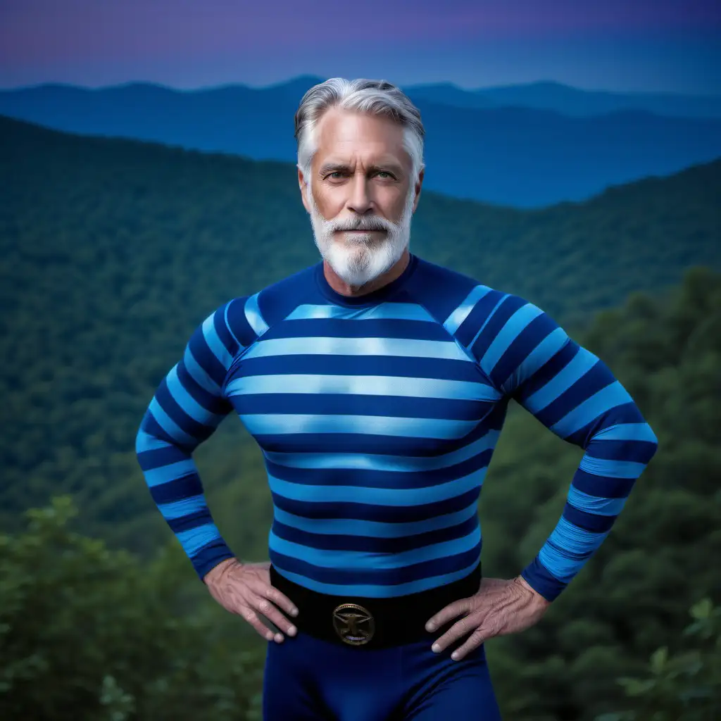 handsome fit man in his 50s, medium white tidy hair beard, navy blue pacific blue skintight horizontal striped costume, Tennessee mountains, night
