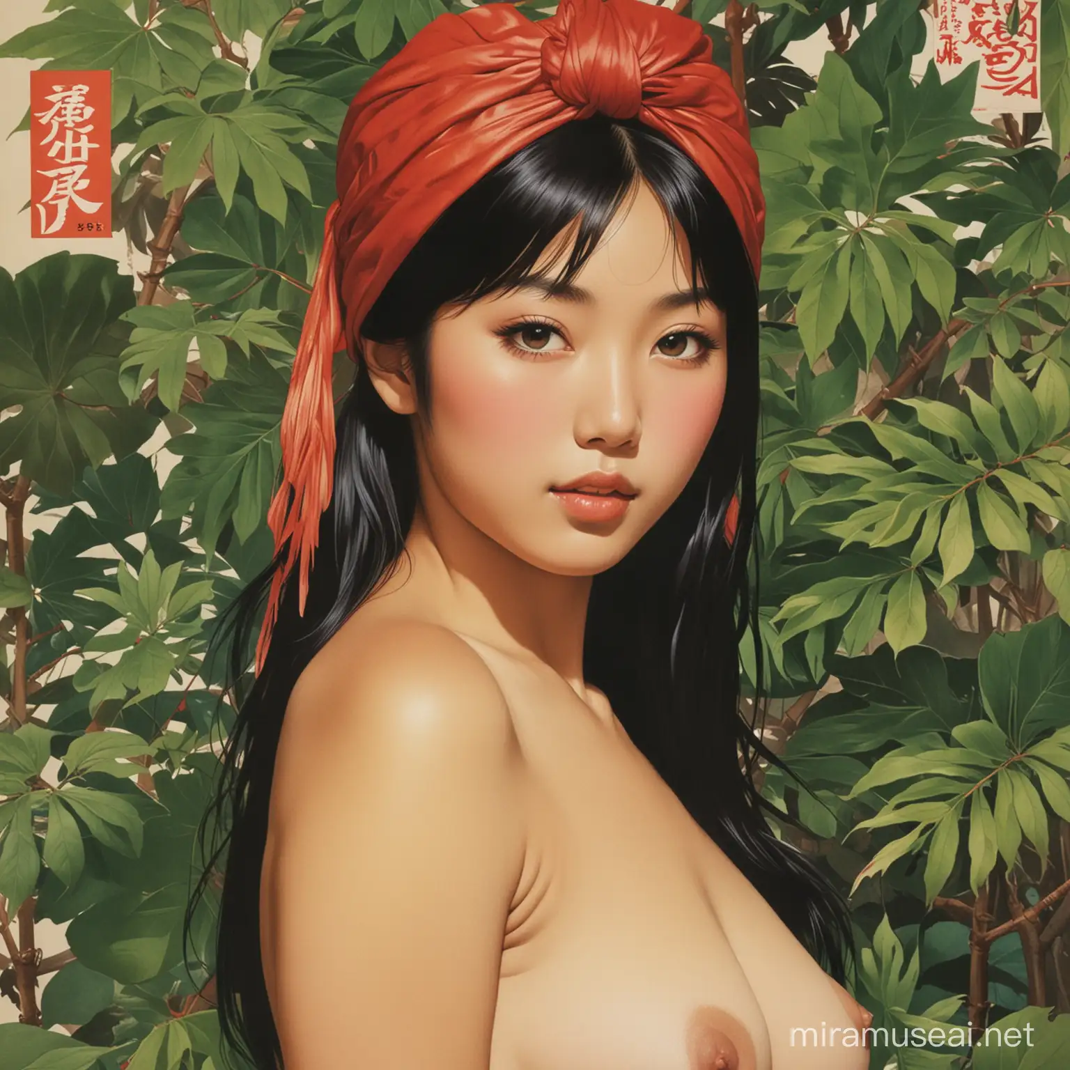 Japanese Poster Nude Girl with Black Hair and Red Turban Covered by Green Leaves