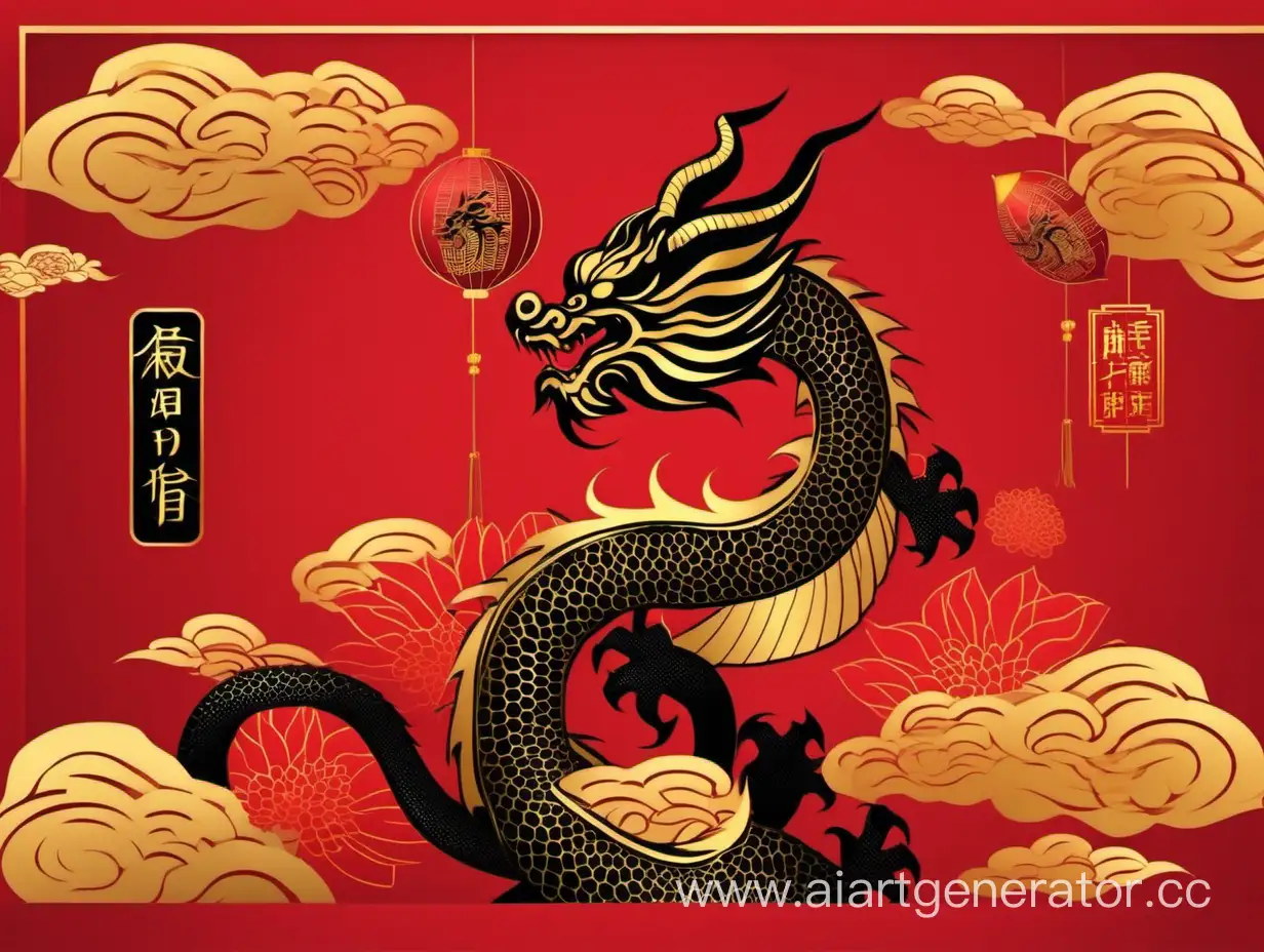 китайский новый год  золото  красный фон черный дракон открытка
