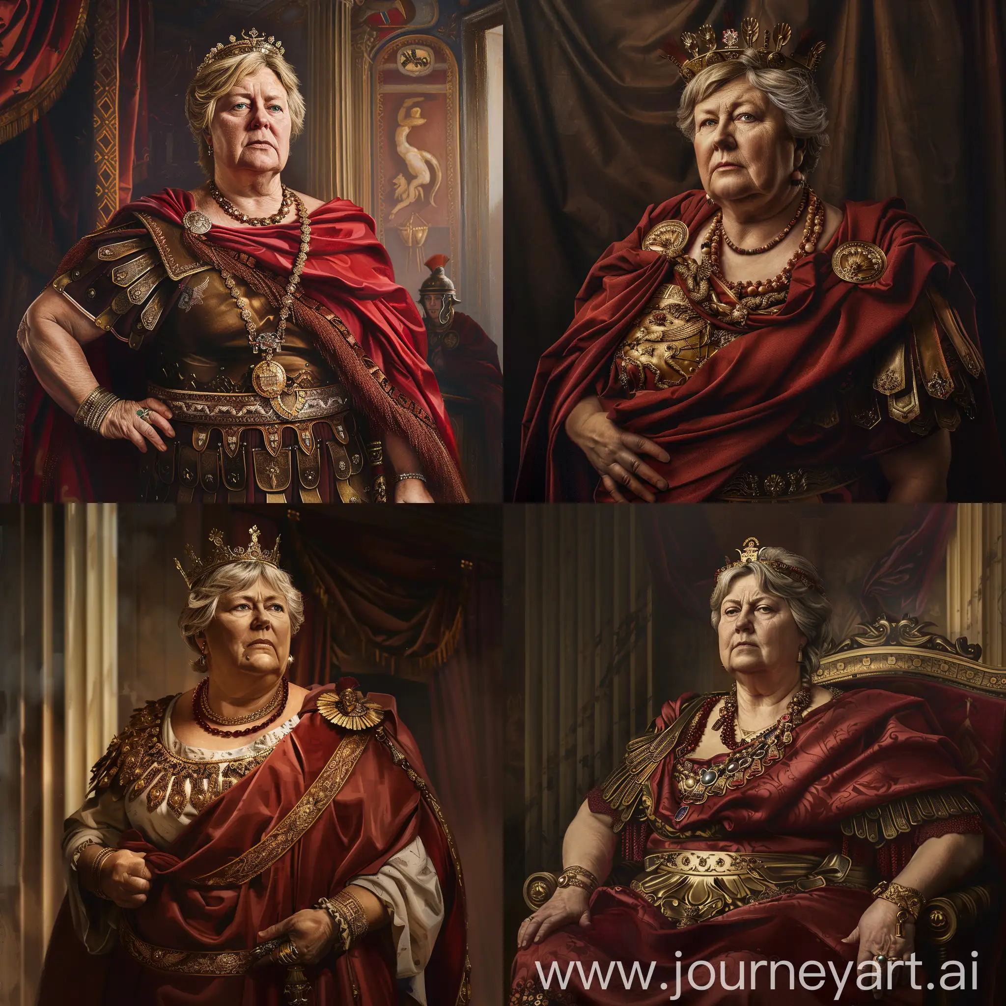 generate a fullsize head to foot portrait of previous norwegian primeminister Erna Solberg as a roman emperor