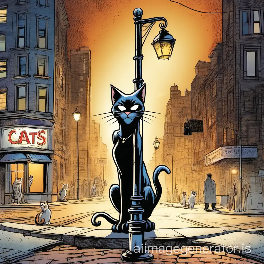 Mistophelles from the musical "Cats" suddenly appears in front, at night, at a deserted street intersection under a lamppost