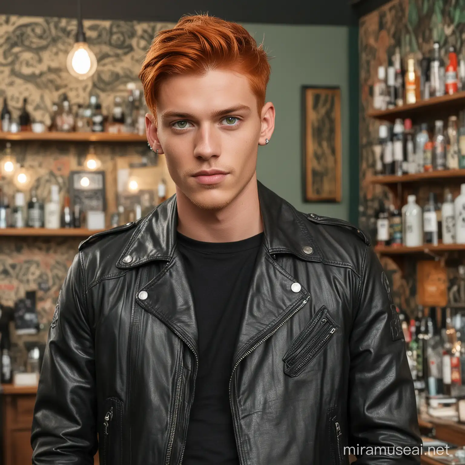 Attractive young man with red hair, green eyes, (similar to model Valentijn Dijkman) dressed in black and wearing a leather jacket, standing in a tattoo shop