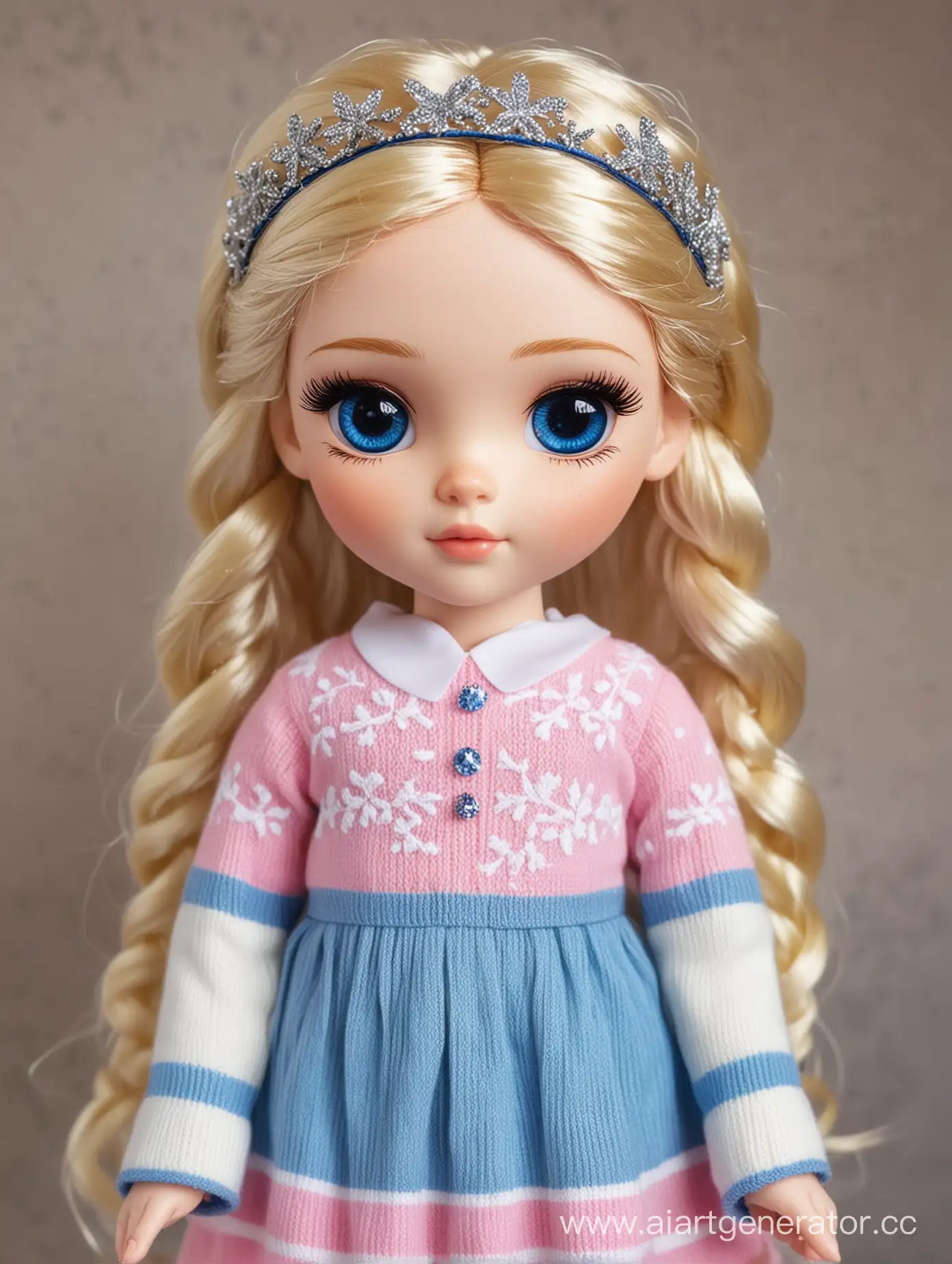 doll The princess has large blue eyes, long black eyelashes and black eyebrows, a slender and fragile physique, pale skin and white hair braided in two small braids, which are tied with blue elastic bands. On the princess's head is a blue diadem, decorated with a small sapphire. The princess wears a long pink and blue dress decorated with white snowflakes. On top of the dress is a white mini-sweater with pink patterns and a bright pink neckline. Alyonka wears white socks with blue stripes and pale pink sneakers with white soles. The princess appears to be 12-13 years old.