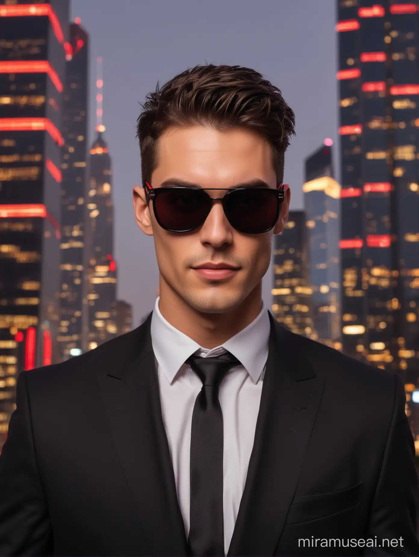 Stylish Young Man in Urban Night Scene with Skyscrapers and Red Lights