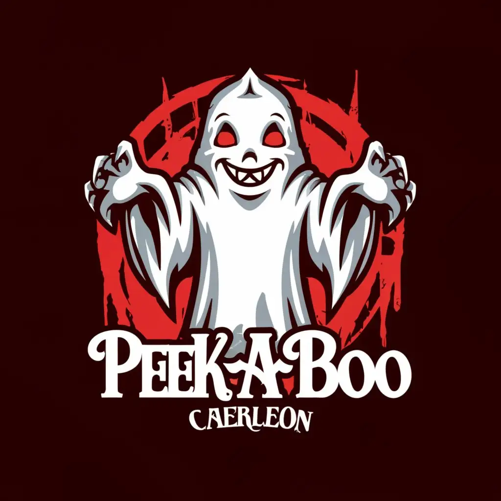 LOGO-Design-for-PEEKABOO-Caerleon-Sinister-White-Ghost-with-Red-Eyes-and-Hands-Raised