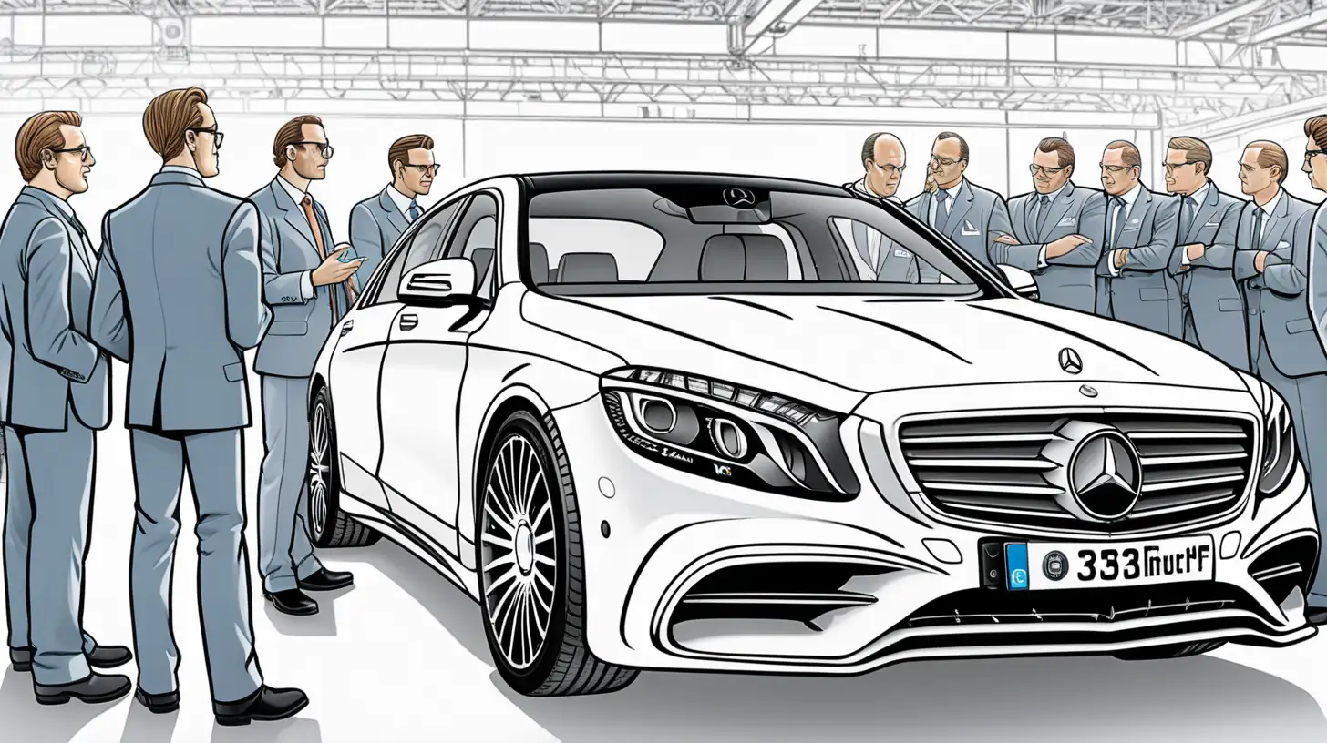Generate an image featuring a view proud German engineers gathered around a modern German s class mercedes, highlighting the 'Made in Germany' aspect. Capture the scene where these engineers admire and discuss the vehicle, showcasing their pride in the symbol of German engineering excellence and quality craftsmanship. Comic Style.