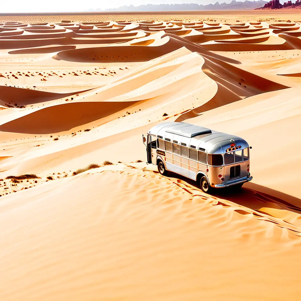 Vintage Silver Bus Crossing Desert Sand Dunes