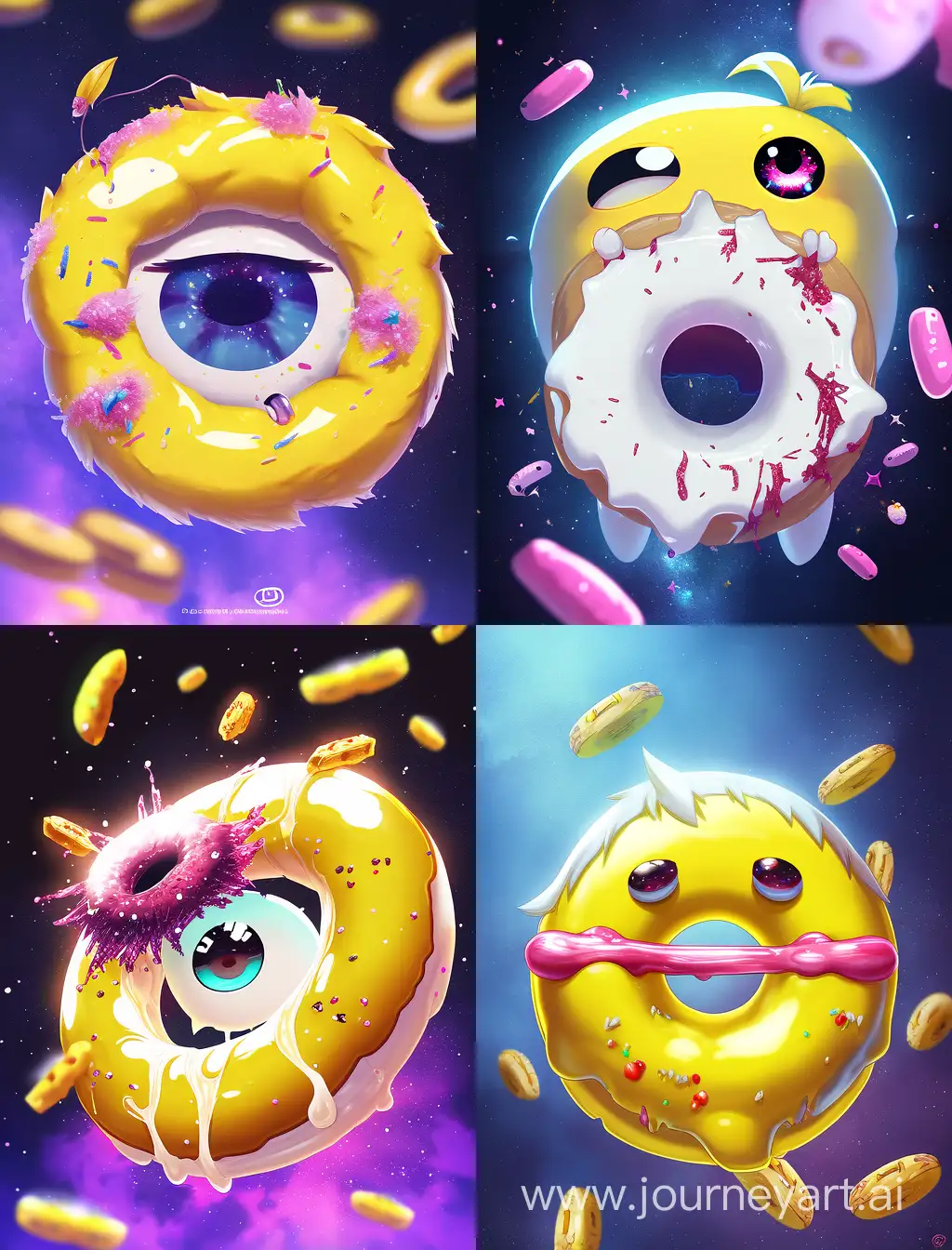 donut with eyes and lips with banana piercing it through the center and staffing dripping off banana on cosmos background