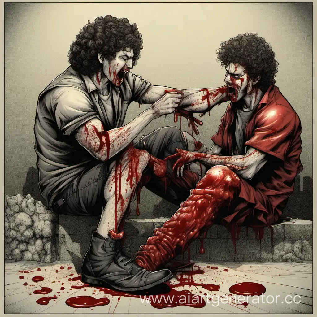 Кудрявый парень облизывает коленке в крови другому парню
