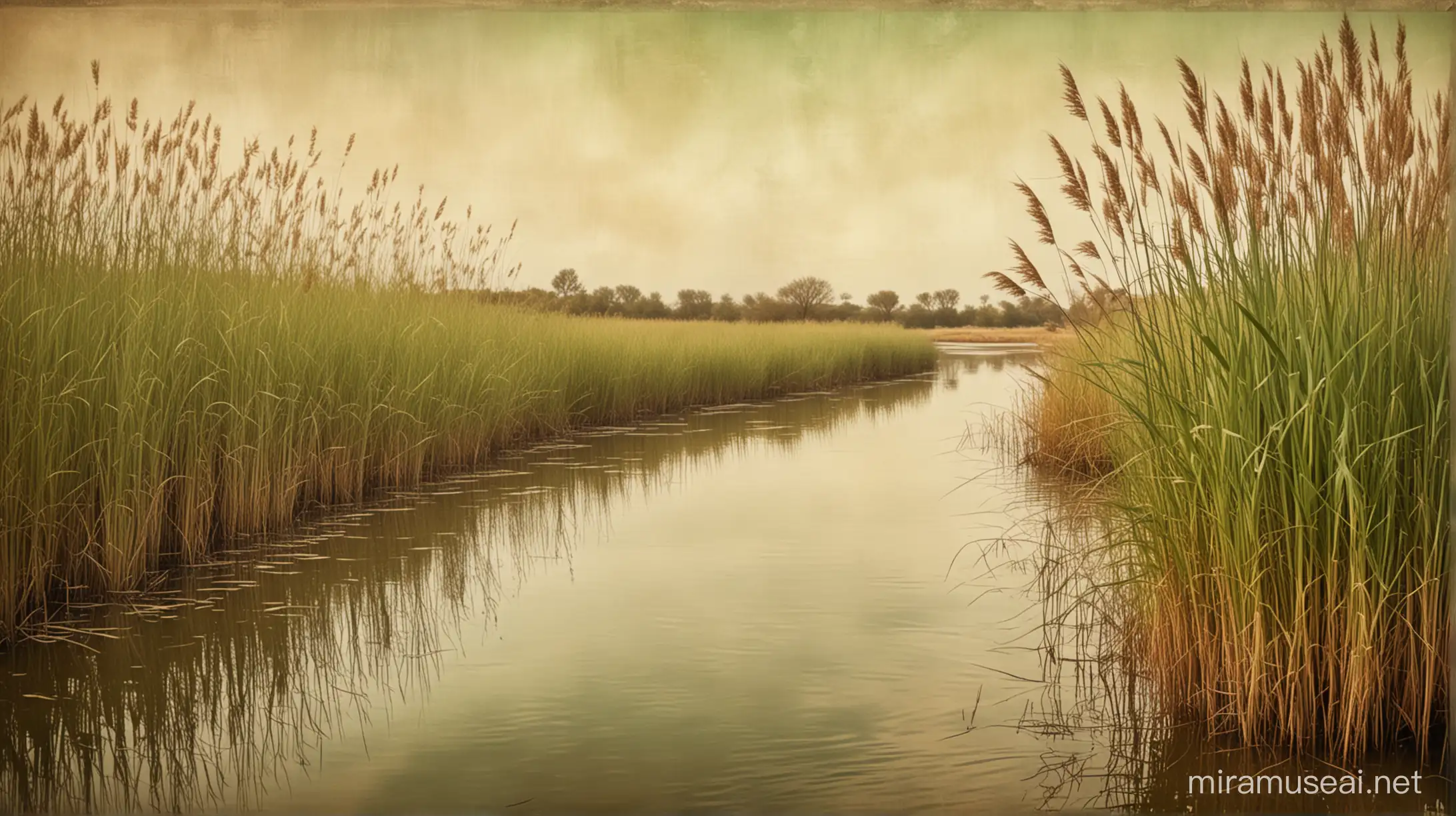 fondo fotografico, rio con cañas , pergamino tonos marrones y verde oleo vintage