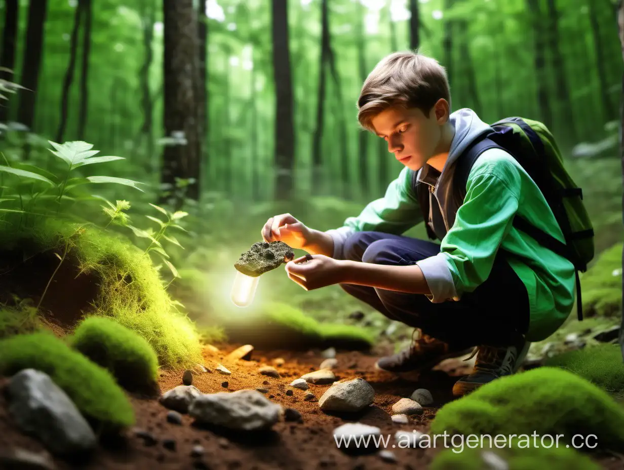 парень подросток геолог проводит полевые исследование образцов почвы в зеленом магическом лесу, рядом бегают ящерки, камни в его руках светятся
