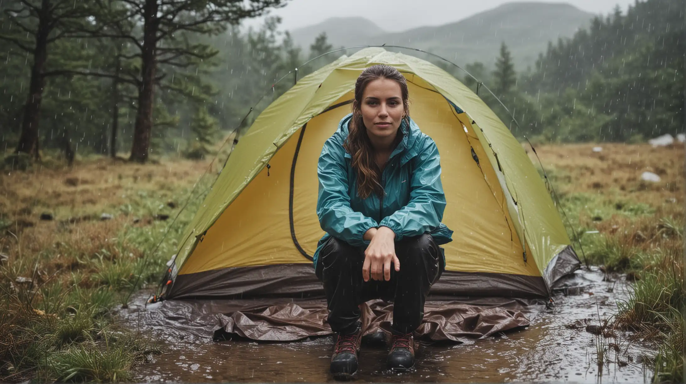 woman camping in rain
