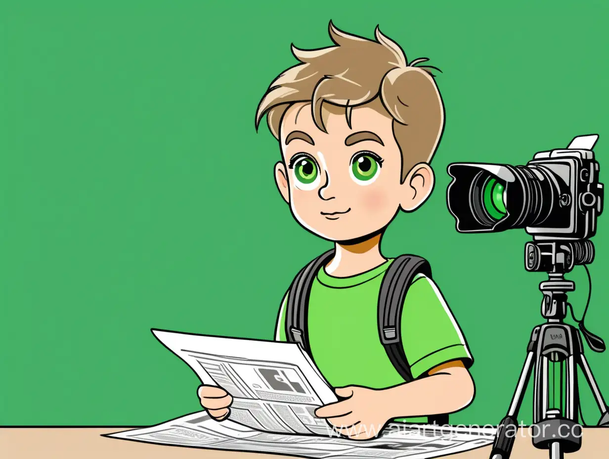 The child is a journalist in green background  cartoon style, not green clothes
