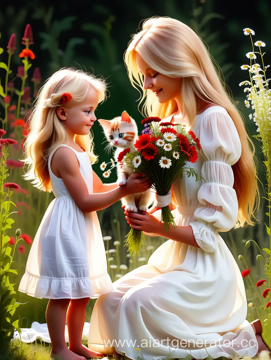Girl-in-White-Dress-Giving-Bouquet-to-Mother-with-Red-Kitten-Nearby