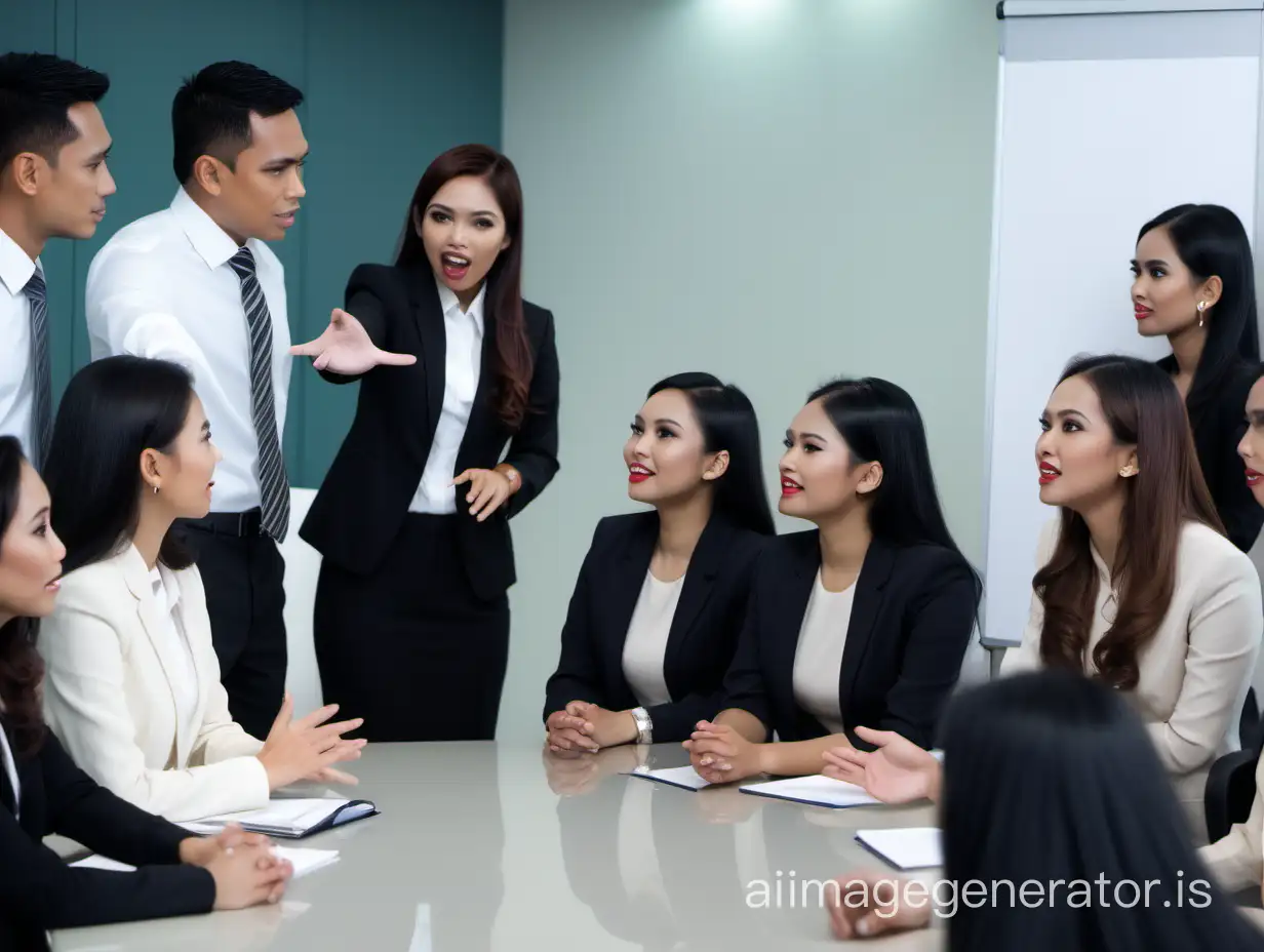 Two Bruneian men and eight Bruneian women in a corporate setting in a formal discussion with their non-verbal cues, gestures, and facial expressions.