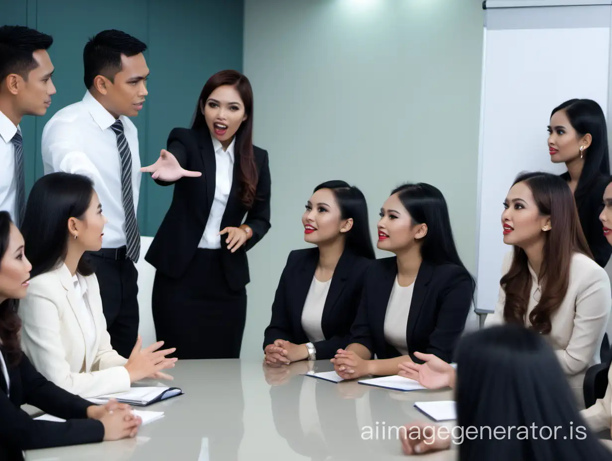 Two Bruneian men and eight Bruneian women in a corporate setting  in a formal discussion with their non-verbal cues, gestures, and facial expressions.