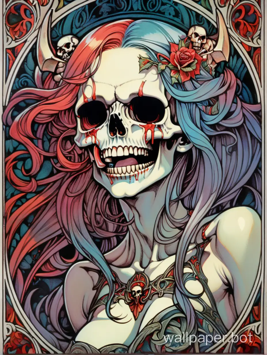 skull young Succubi,  Beautiful face, evil laugh, open mouth with tongue, red line ornament details, darkness assimetrical, the art of coop style, william morris  alphonse mucha hiperdetailed, torn poster edge, chaos chromatic dripping colors, explosive colors, sticker art