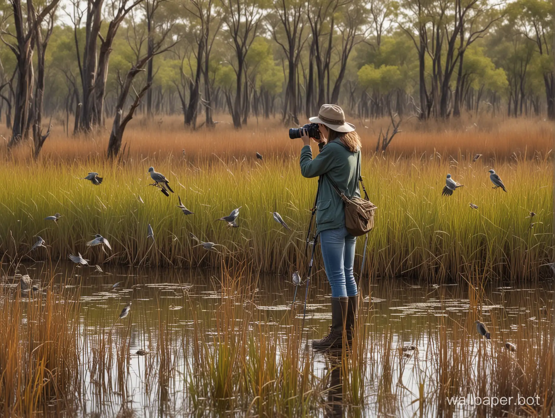 Girl photographer photographing bird life in the wetlands. full body view, native trees, bushes, birds, detailed features, sharp image.