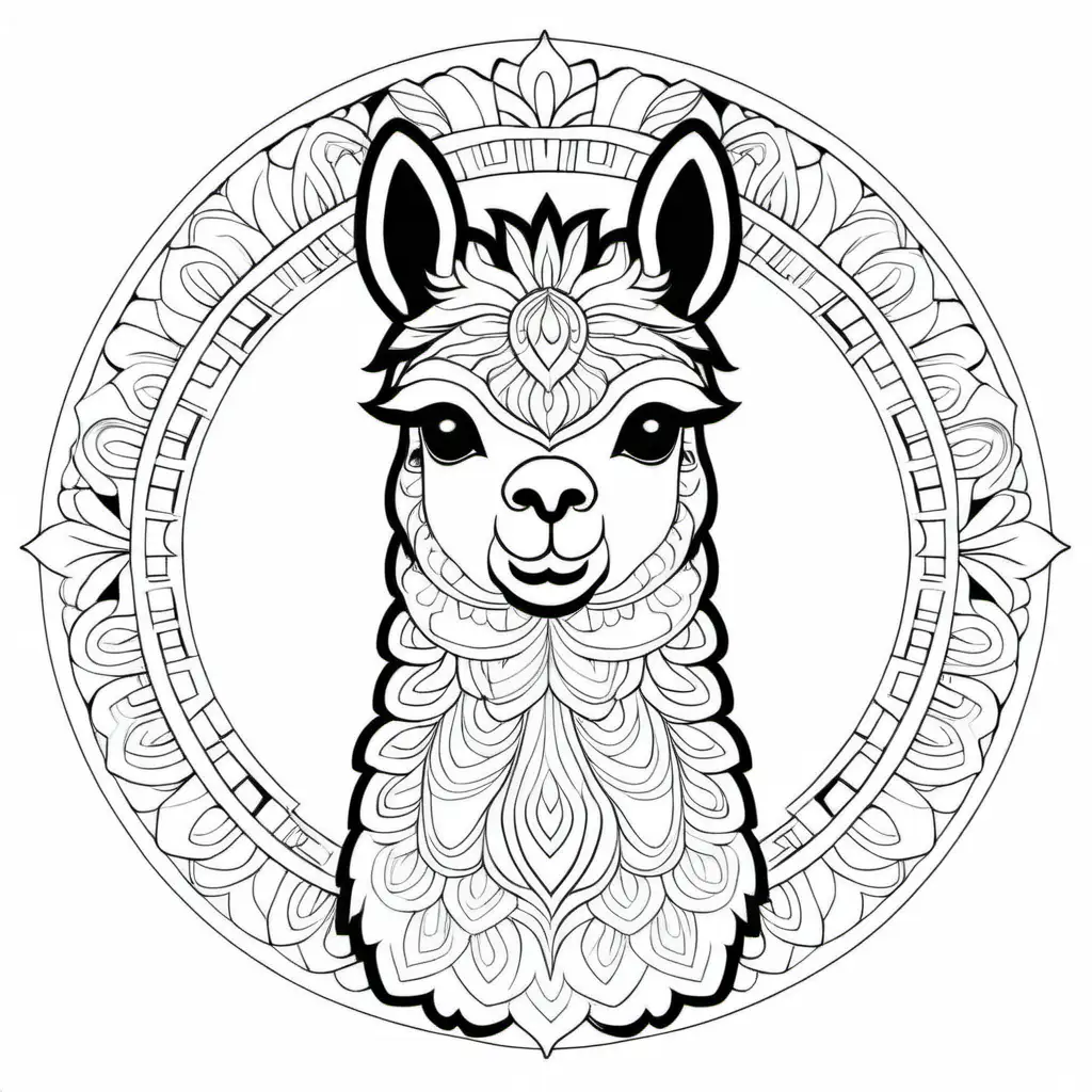 coloring page for adults, mandala, Alpaca , white background, clean line art, fine line art 